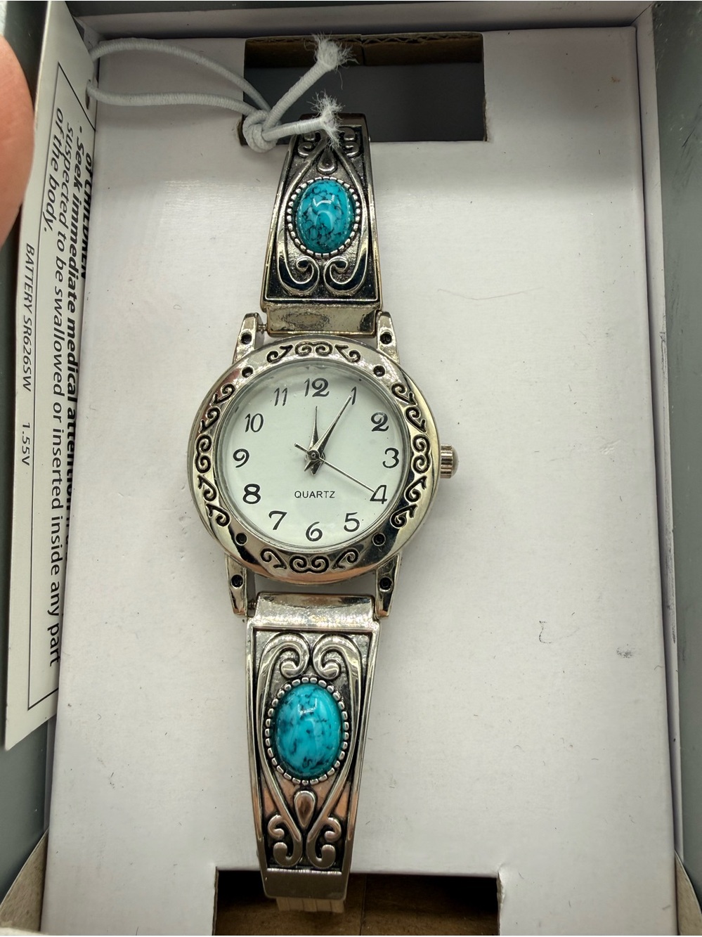 Time and Tru Silver-Tone Watch with Turquoise Accents Working